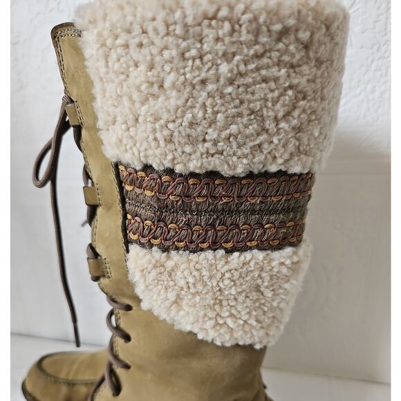 UGG Shoreline Shearling Sheepskin Leather Fringe Tall Boots Womens 7 Olive Green - Picture 4 of 15